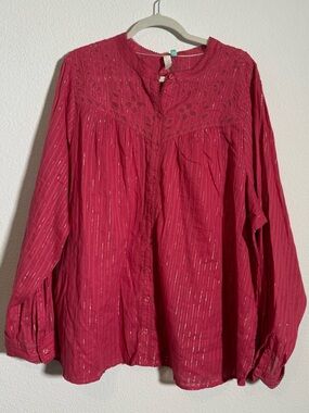 NWT Pilcro Anthropologie Plus Metallic Embroidered Boho Peasant Blouse 24W